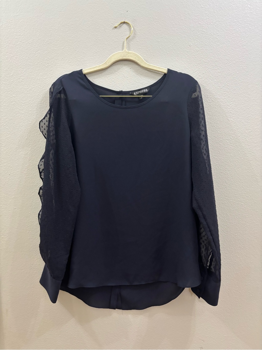 Express Navy Long-Sleeve Sheer Dot Sleeve Blouse